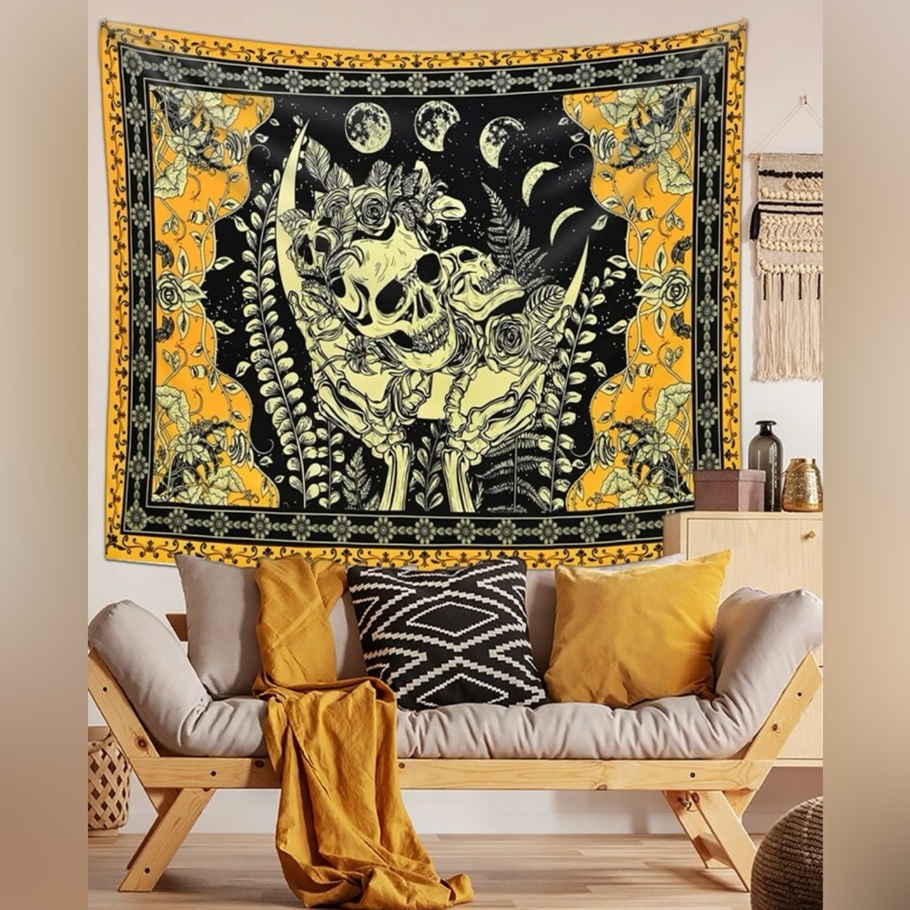 BOGO Skeleton with flowers retro yellow hippie creepy dead skull tapestry poster